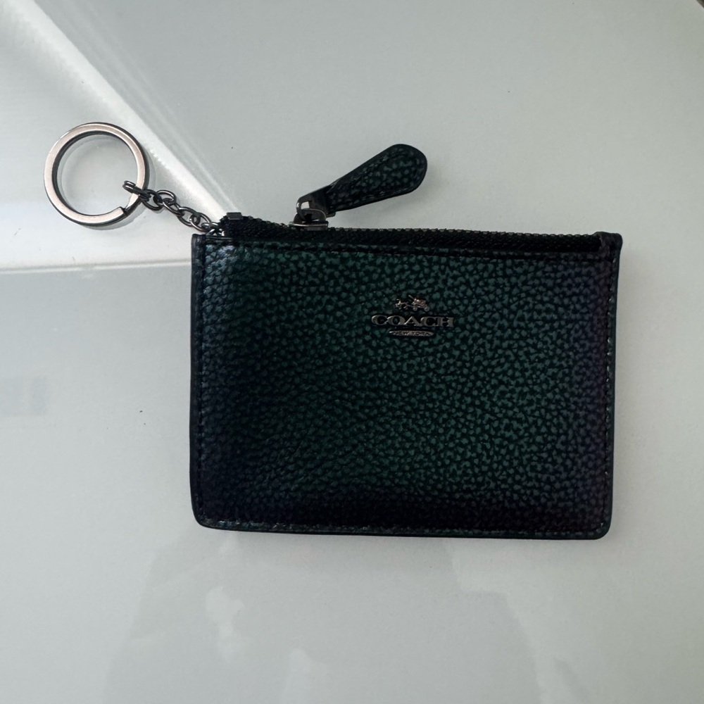 Coach Iridescent Purple Green Black Pebble Leather Card Case Keychain Wallet